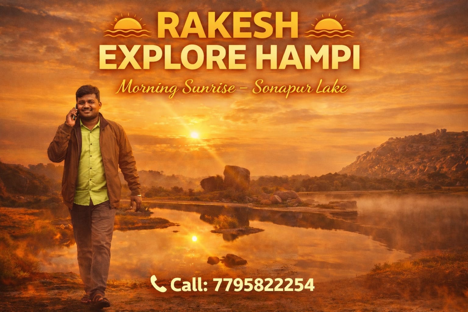 Tourist at Hampi ancient ruins — meditation at stone monument Hampi tour